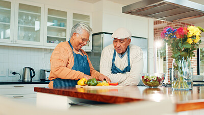 Buy stock photo Senior couple, cooking and vegetables in kitchen, happy and discussion with nutrition in retirement. Elderly woman, man and organic produce with meal prep, ingredients or smile with chat at apartment