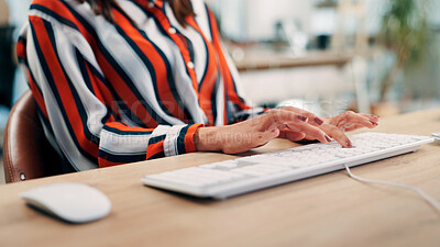 Buy stock photo Creative, typing and hands with keyboard, office and journalist with story for magazine and research. Newsroom, reporter and person with technology for article publication, productivity and project