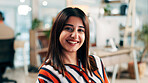 Business woman, portrait and smile at office for professional mission, about us and creative worker at startup. Female person, happy and confident with ambition for career opportunity at media agency