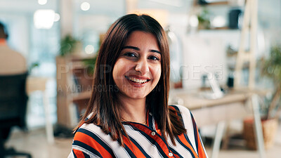 Buy stock photo Business woman, portrait and smile at office for professional mission, about us and creative worker at startup. Female person, happy and confident with ambition for career opportunity at media agency