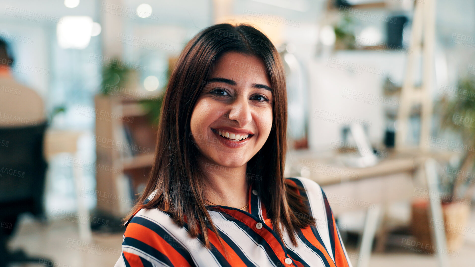 Buy stock photo Business woman, portrait and smile at office for professional mission, about us and creative worker at startup. Female person, happy and confident with ambition for career opportunity at media agency
