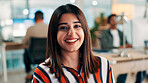 Business woman, portrait and happy at office for professional growth, mission and creative at startup. Person, smile and confident with ambition for career opportunity at coworking media agency