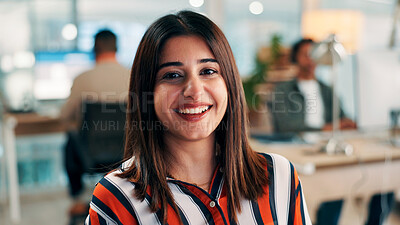 Buy stock photo Business woman, portrait and happy at office for professional growth, mission and creative at startup. Person, smile and confident with ambition for career opportunity at coworking media agency