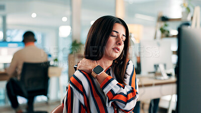 Buy stock photo Tired, woman and computer in office with shoulder pain from burnout, fibromyalgia and muscle inflammation. Exhausted, person and coworking with pc in workplace for fatigue, bad posture or discomfort.