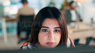 Buy stock photo Employee, reading and woman with computer, office or journalist with story for magazine and creative. Newsroom, reporter and person with technology for article publication, productivity and project