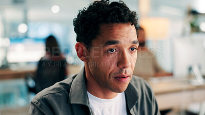 Buy stock photo Thinking, programmer or man in office for coding deadline, contemplating project or idea for script. Bokeh, reflection or software engineer with mental checklist of tasks, system insight or coworking