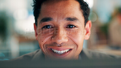 Buy stock photo Employee, happy and man with computer, office and journalist with story for magazine or proofreading. Newsroom, reporter and person with technology for article publication, productivity and project