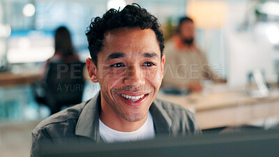 Buy stock photo Employee, proofreading and man with computer, office and happy with story for magazine or journalist. Newsroom, reporter and person with technology for article publication, productivity and project