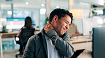 Computer, man and hurt in office with neck pain from burnout, fibromyalgia and muscle inflammation. Exhausted, person suffering and coworking with desktop, bad posture or osteoarthritis in workplace.