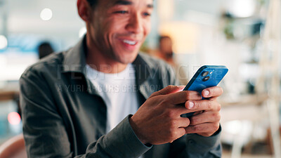 Buy stock photo Media agency, internet and happy man in office, cellphone and typing with website campaign. Person, network or journalist with smartphone, online chatting or email for schedule and message to contact