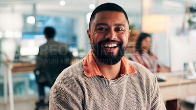 Buy stock photo Business man, portrait and happy at office for professional growth, mission and creative worker at startup. Person, smile and confident with ambition for career opportunity at coworking media agency