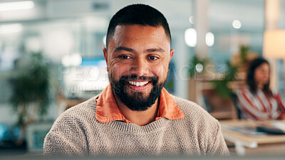 Buy stock photo Employee, research and man with computer, office or reporter with story for magazine or proofreading. Newsroom, journalist and person with technology for article publication, productivity and project