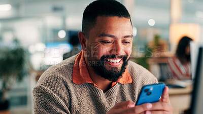 Buy stock photo Media agency, internet and man with smile, smartphone and typing with online comedy video. Person, mobile user and journalist with cellphone, funny meme and email for schedule, app and communication