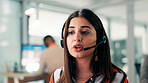 Woman, telemarketing and conversation in office for sales, life insurance policy info and advice. Person, coworking or talk in call center for financial service plan, explaining terms and conditions.