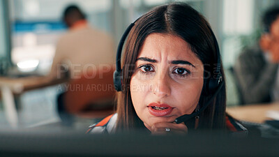 Buy stock photo Woman, concern or customer service in office with computer for discussion, troubleshooting or advice. Worried, person talking or coworking in call center with pc for problem solving, support or help.