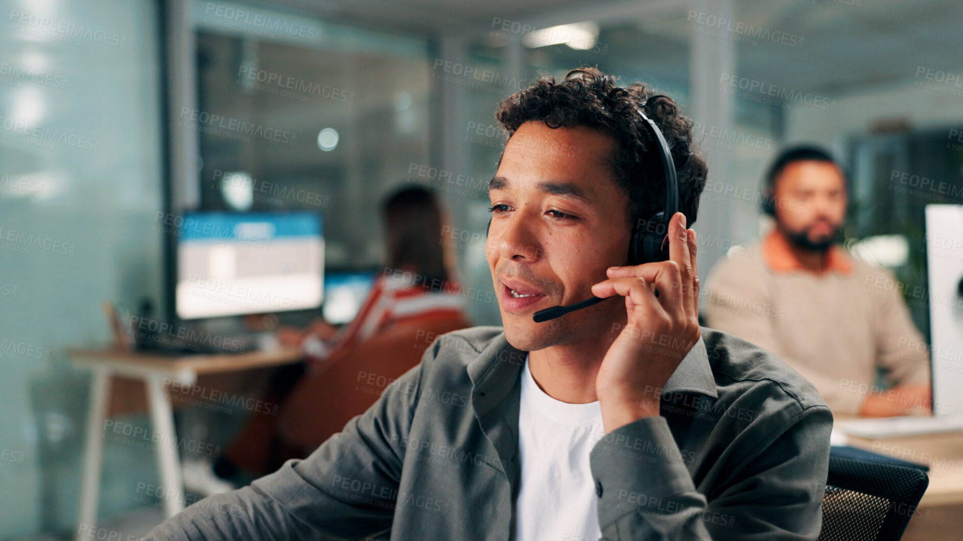 Buy stock photo Call center, business man and headset for technical support, customer service and coworking. Contact us, speaking and IT consultant with mic for virtual assistance, troubleshooting or network advice