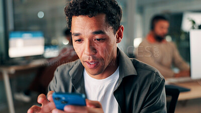 Buy stock photo Media agency, shocked and man with smartphone, night and message to contact, app and chatting. Person, evening and journalist in office, cellphone and surprise with online announcement and internet