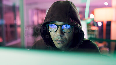 Buy stock photo Night, hacking or man with computer for encryption breach, firewall attack or cybersecurity crisis. Confidential info, system access or it programmer in dark data center, tech reflection or spyware