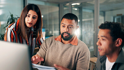 Buy stock photo Night, review and people in office with computer, report guidance and feedback on draft article. Collaboration, flare and journalist at agency with tech, story ideas or blog deadline in late shift.
