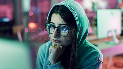 Buy stock photo Night, hacking or woman with computer for encryption breach, firewall attack or cybersecurity crisis. Confidential info, system access or it programmer in dark data center, tech reflection or spyware