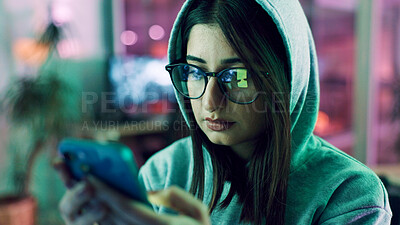 Buy stock photo Night, hacker and woman with smartphone, glasses and online reading with cybersecurity programming. Person, reflection or programmer with cellphone, website server and eyewear with coding and privacy