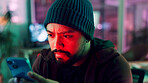 Night, hacker and man with cellphone, internet and connection with cybersecurity programming. Person, online crime or install malware code with smartphone, website server or app for database software