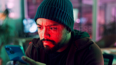 Buy stock photo Night, hacker and man with cellphone, internet and connection with cybersecurity programming. Person, online crime or install malware code with smartphone, website server or app for database software