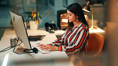 Buy stock photo Night, employee and woman with computer, office and journalist with story for magazine and creative. Newsroom, reporter and person with technology for article publication, working late and project