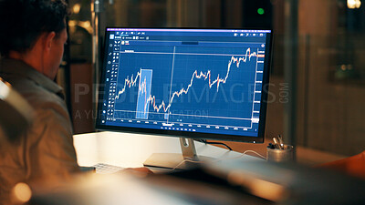 Buy stock photo Computer, screen and man with graphs at night, data analysis or stock market research with working late. Info, financial chart and trading analyst with tech for trader dashboard review or deadline