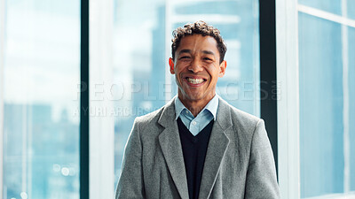 Buy stock photo Journalist, portrait or man in agency with smile, experience or pride in media job. Happy, professional or male person in newsroom with confidence, press or career growth in publishing industry.