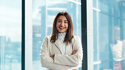 Buy stock photo Stylist, portrait or Indian woman in office with arms crossed, experience or pride in fashion development. Happy, creative or designer in agency with confidence, about us or job in clothing industry.