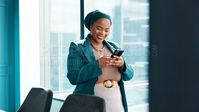 Buy stock photo Phone, smile and text message with business black woman in glass office for financial feedback. App, finance and typing with African employee in corporate workplace for accounting or risk management