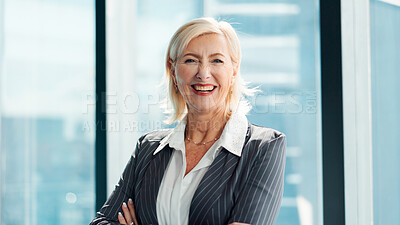 Buy stock photo Portrait, happy woman and attorney in office with arms crossed for legal aid, labor law or equality. Confident, mature female person or pride in workplace for advocacy, employment rights or about us.