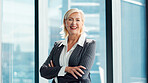 Portrait, happy woman and lawyer in office with arms crossed for legal aid, labor law and equality. Confident, mature female person and pride in workplace for advocacy, employment rights or about us.