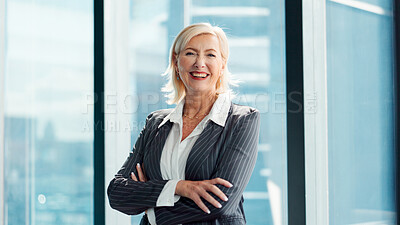 Buy stock photo Portrait, happy woman and lawyer in office with arms crossed for legal aid, labor law and equality. Confident, mature female person and pride in workplace for advocacy, employment rights or about us.