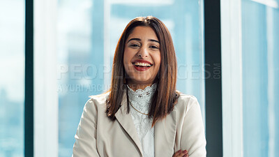 Buy stock photo Fashion, portrait or Indian woman in office with arms crossed, experience or pride in style development. Happy, creative or designer in agency with confidence, about us or job in clothing industry.