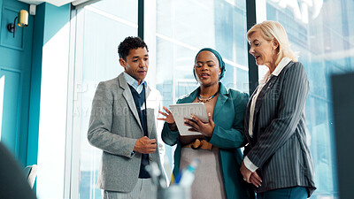 Buy stock photo Tablet, business people or attorney in office with discussion for advocacy, legal case or manager advice. Below, tech or team talking with lawyer management for lawsuit planning, feedback or justice.