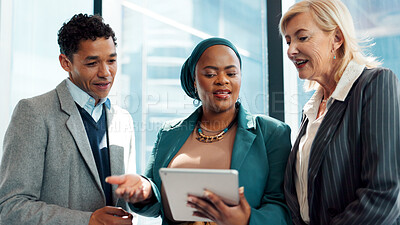 Buy stock photo Tablet, business people and lawyer in office with talk for advocacy, legal case and manager advice. Team, tech or communication with attorney management for lawsuit planning, feedback or legislation.