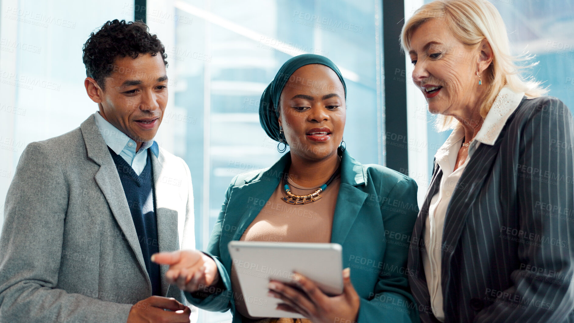 Buy stock photo Tablet, business people and lawyer in office with talk for advocacy, legal case and manager advice. Team, tech or communication with attorney management for lawsuit planning, feedback or legislation.