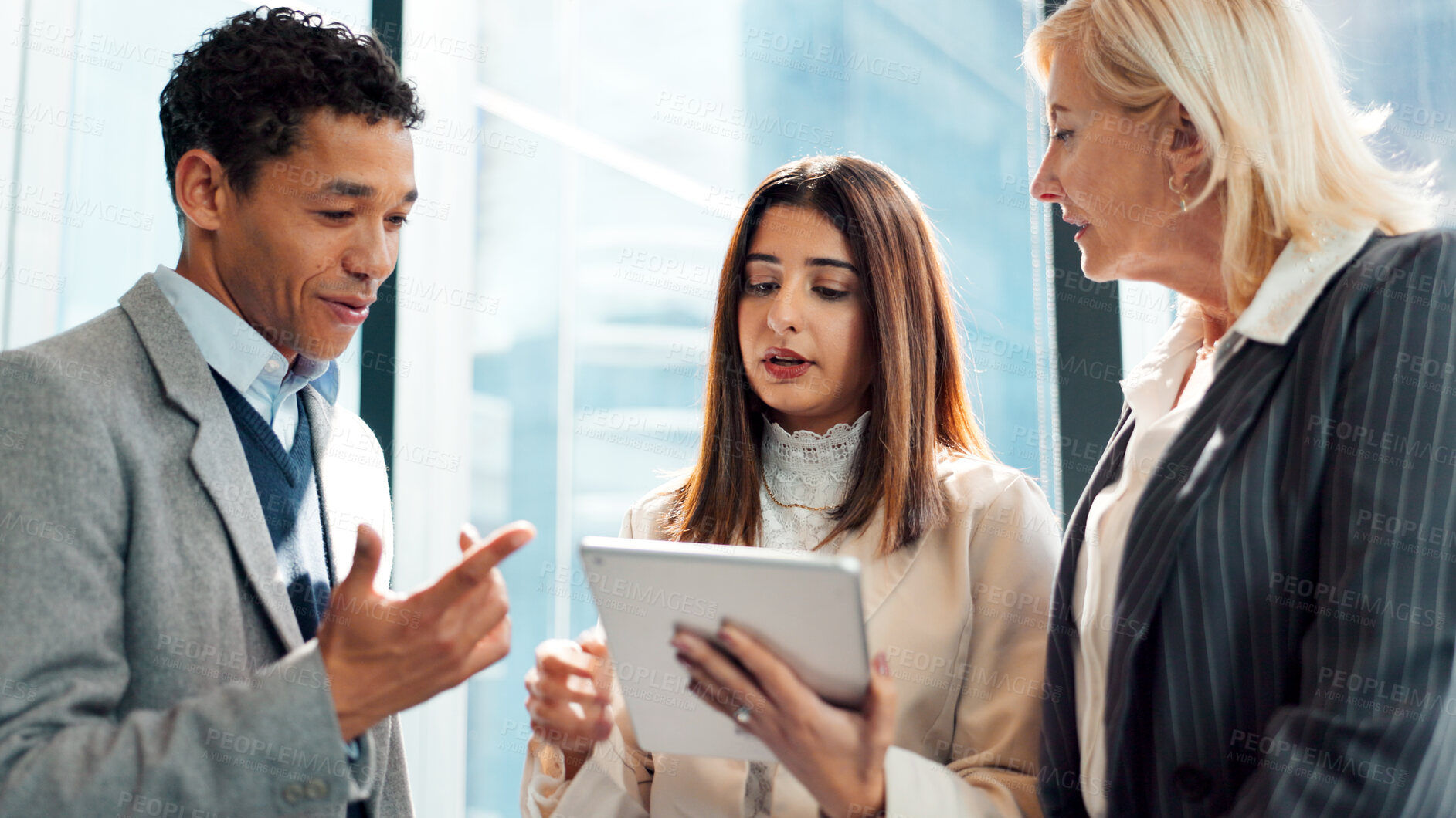 Buy stock photo Business people, lawyer or conversation in office with tablet for advocacy, legal case or manager advice. Team, tech and discussion with attorney management for lawsuit plan, legislation or feedback.