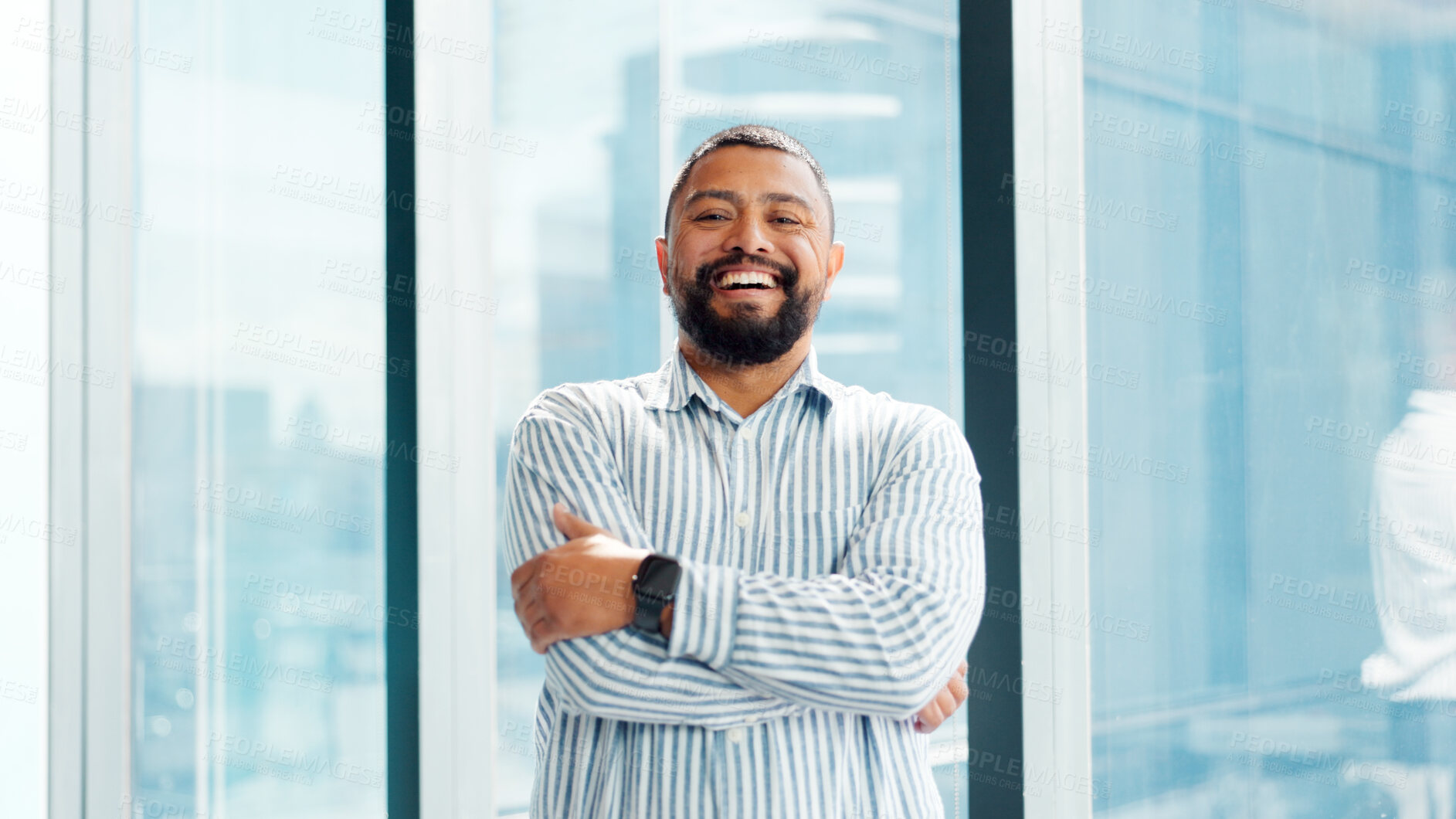 Buy stock photo Journalist, portrait or man in office with arms crossed, experience or pride in media job. Happy, professional or male person in agency with confidence, press or career growth in publishing industry.