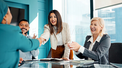 Buy stock photo Business meeting, people and handshake in office for deal, advertising contract and brand partnership. Applause, marketing team and shaking hands with client for agreement, cooperation and welcome