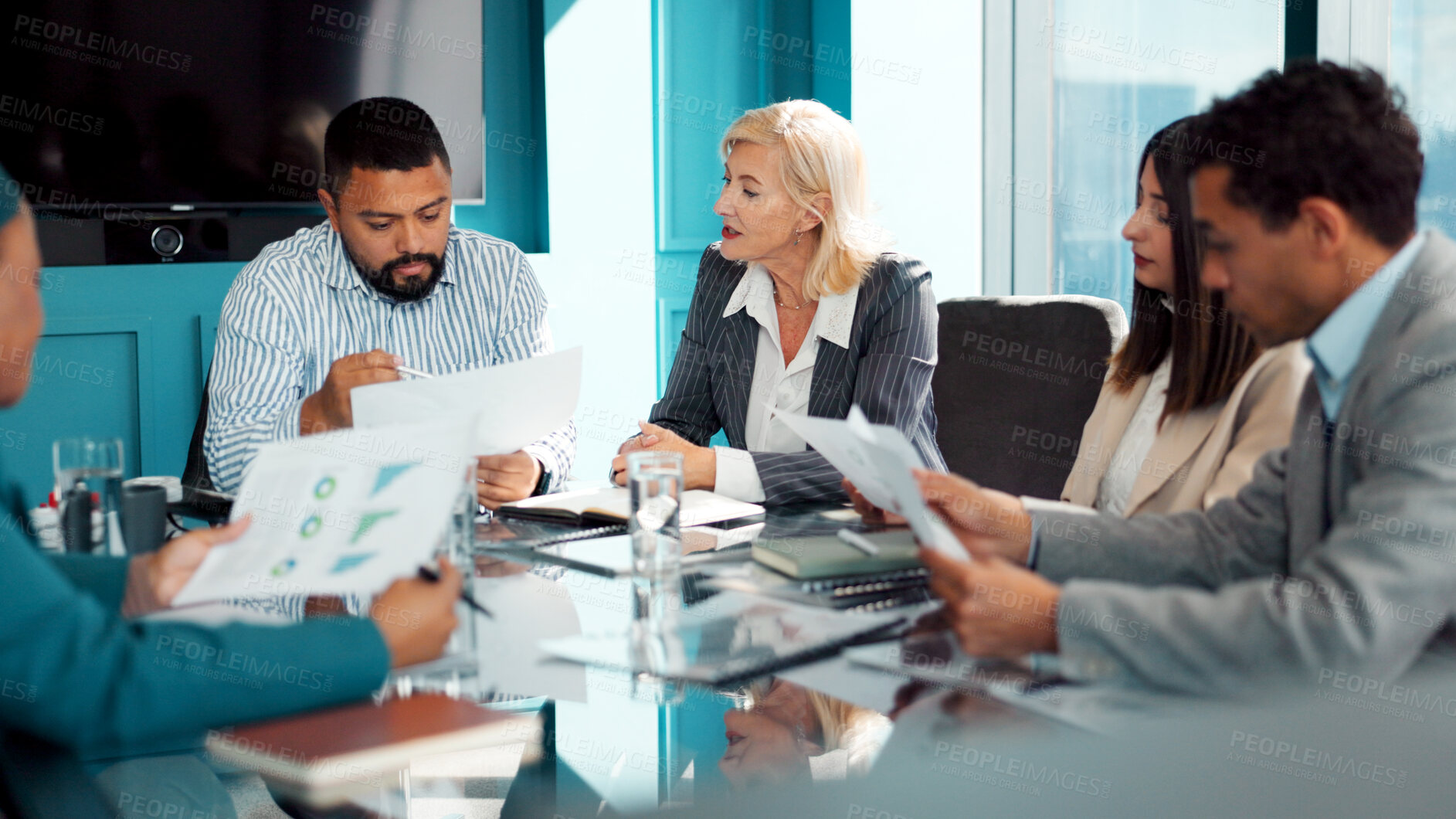 Buy stock photo Meeting, documents and business people in office for planning finance review with budget report. Discussion, paperwork and financial advisors with investment proposal in collaboration in workplace.