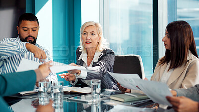 Buy stock photo Graphs, paper or people in office with meeting, discussion or review of investment proposal. Teamwork, document or business analyst in agency with data, brainstorming or feedback on funding pitch.