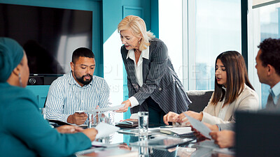 Buy stock photo Review, meeting or people in office with paper, guidance or market research for brand image. Collaboration, advice or creative director in agency with document, plan or feedback for business identity