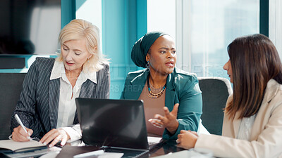 Buy stock photo Collaboration, laptop and meeting with business people in boardroom for financial discussion. Computer, conversation and finance with serious employee team in office for review of accounting report