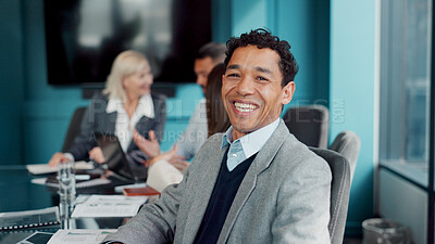Buy stock photo Portrait, man and lawyer in boardroom with smile for legal aid, labor law and legislation compliance. Happy, person and team in office for advocacy meeting, employment rights or constitution advice.