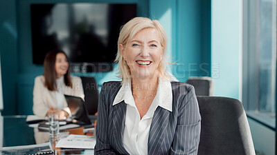 Buy stock photo Happy, meeting and portrait of businesswoman in office with team for finance review with budget plan. Smile, confident and mature female financial manager with pride for collaboration in workplace. 