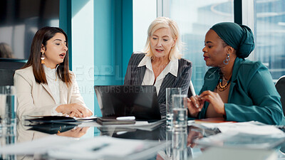 Buy stock photo Collaboration, laptop and meeting with business women in boardroom for financial discussion. Computer, conversation and finance with corporate employee team in office for review of accounting report
