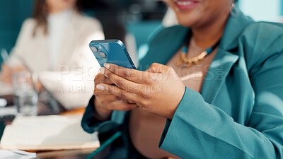 Buy stock photo Business woman, hands or typing with phone in meeting, review agenda or research info for board gathering. Online resources, digital programme or manager prepare for workshop, multitasking or person